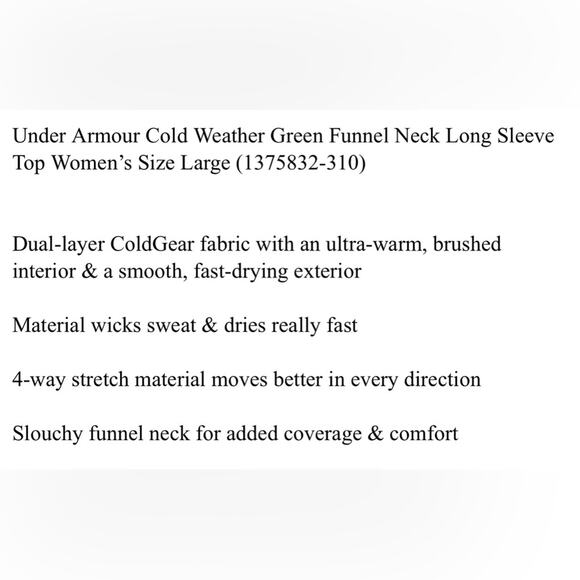 NWT Under Armour Cold Weather
Green Funnel Neck Top Women's
Small (1375832-310) - Picture 5 of 16